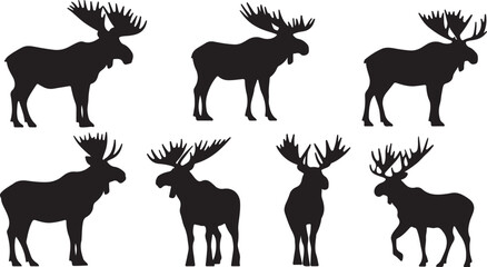 Collection of seven distinct black silhouettes of majestic moose in various poses and stances