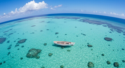 Experience the ultimate tropical escape with crystal clear turquoise waters and a solitary boat adrift