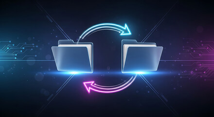 Digital file transfer between two secure folders with glowing arrows representing data exchange and network connection