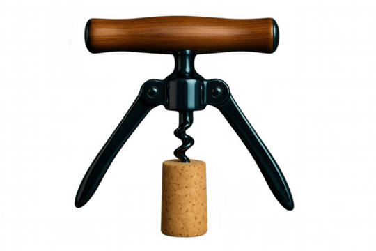 Metal corkscrew extracting wooden-handled cork from wine bottle, against transparent backdrop