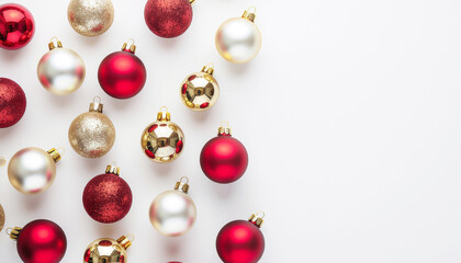 Minimal Christmas Ornaments on White Background – Red and Gold Baubles, Holiday Decoration