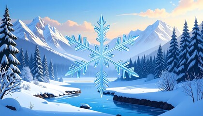 Winter landscape with snowflake