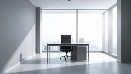 Modern Office Interior with Empty Desk and Chair in Soft Lighting and Clean Design