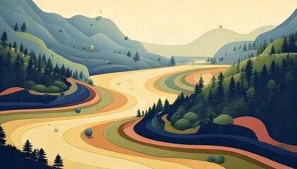 A colorful, stylized landscape featuring a winding river flowing through hills and forests under a bright sky.