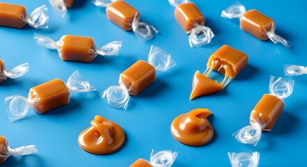Caramel candies isolated on blue  background 