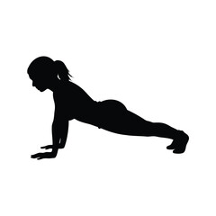 Silhouette of a woman performing pushup exercise on a white background, woman in plank position silhouette vector illustration