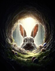 Easter rabbit peeks from a burrow, surrounded by colored eggs