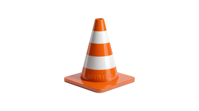 Bright orange and white safety cone with the words safety first on the base for site caution
