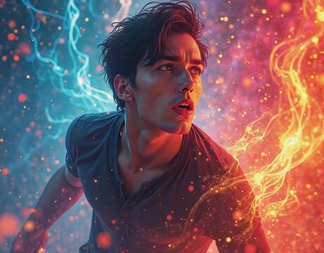 Heroic Man Surrounded by Fire and Ice Energies. A dynamic and dramatic portrait of a man caught between blue icy and red fiery energies. Concept of duality, inner conflict, or power awakening