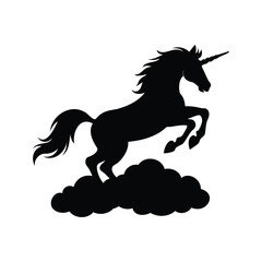 Majestic unicorn silhouette leaps triumphantly from a cloud, a symbol of fantasy, unicorn jumping over clouds silhouette vector illustration