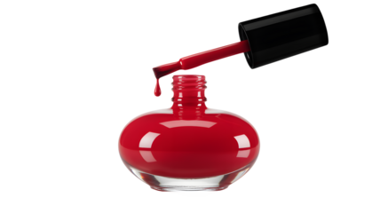 Rich red nail polish dripping from brush into a clear glass bottle, perfect for beauty product mockups