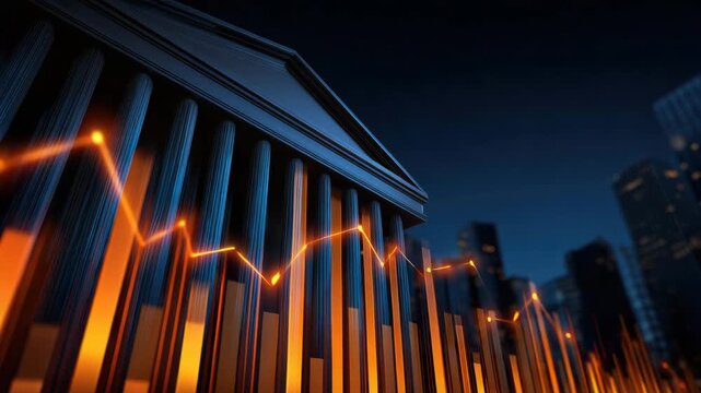 Financial graph with glowing orange bars and line chart overlay front of classical bank building columns night symbolizing market trends economic analysis city economy market chart columns building