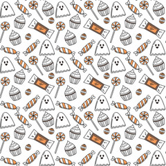 spooky seamless background with cartoon Halloween elements. Repeating vector pattern for party invitations.