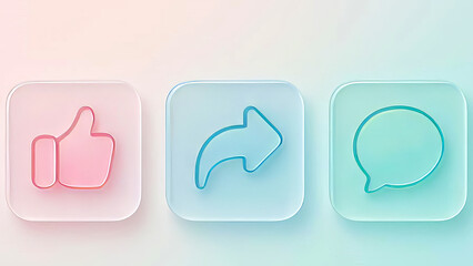 Glassmorphism Social Media Icon Set (Like, Share, Comment)
