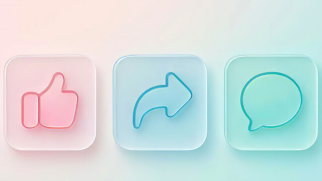 Glassmorphism Social Media Icon Set (Like, Share, Comment)