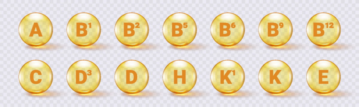 Set of multivitamin complex icons. Essential vitamin supplements for healthy lifestyle and nutrition.