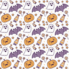 Cute Halloween seamless pattern with hand-drawn doodles of ghosts, candies and pumpkins on a grey background for kids.