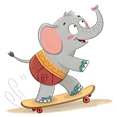 cartoon elephant with a skateboard