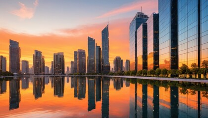 Modern city skyline with tall glass buildings reflecting in water du vibrant sunset with colorful sky and urban landscape in the background