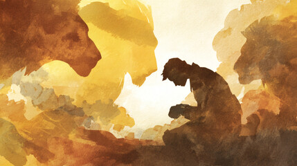 Deconstructed Watercolor Illustration of Daniel in the Lions' Den with Minimalist Style