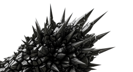 A rigid, fragmented sculptural mass of dark charcoal grey metallic shards, frozen mid-air in a spiky crest, against a transparent studio background with dramatic shadows, concept of contained chaos