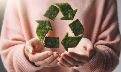 Show caring hands holding a vibrant green recycling symbol for a sustainable future