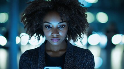 Young woman with curly hair gazes at smartphone glowing blue light for dark blurred bokeh background modern digital engagement technology social media concept