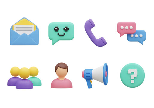3d icon of collection of communication and social media icons isolated on transparent background