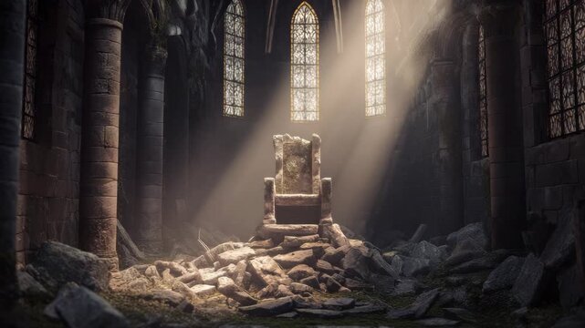 Ancient stone throne illuminated by sunlight inside dark medieval castle hall with stained glass windows and scattered rubble creating mysterious atmosphere and broken pillars enhancing ancient hall