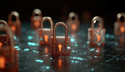 Many bronze padlocks, glowing orange/amber, on a dark, circuit-patterned surface