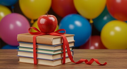 Stack of books with apple and red ribbon, colorful balloons in background, perfect for education, back to school, or celebration themes