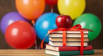 Stack of books with a red apple and ribbon with colorful balloons in the background, perfect for back to school themes