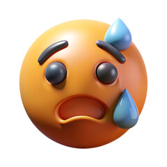 Worried and anxious emoji with sweat drops isolated on transparent background