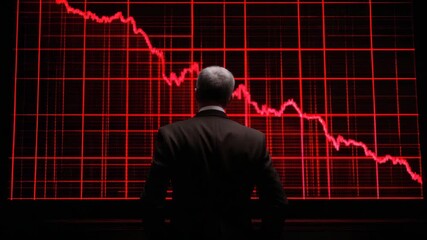 Businessman suit digital screen red graph downward trend financial loss market decline stock market investment crisis sharp economic decline serious atmosphere large screen showing red downward stock