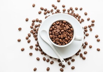 Obraz premium Aromatic Roasted Coffee Beans in White Ceramic Cup