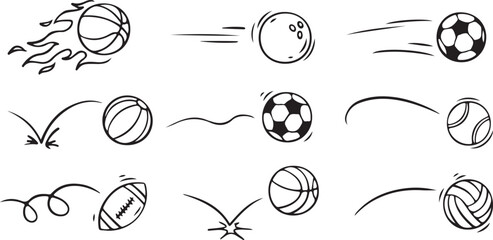 Sports Ball Outline Vector – Football, Soccer, Basketball, Hand Drawn Doodle Clipart, Minimal Line Art, Black and White Isolated Sports Icon Illustration