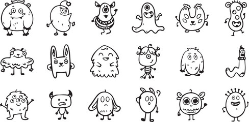 Monster Cartoon Outline Vector – Cute Hand Drawn Characters, Fun Doodle Creatures, Minimal Black and White Illustration, Isolated Funny Clipart, Children’s Drawing Style Icons