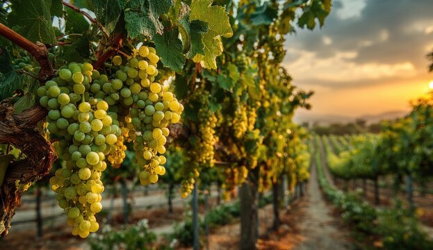 A sunlit vineyard with green grapes hanging on vines, rows receding into the distance
