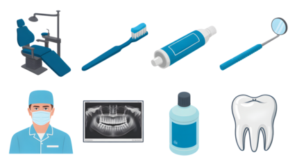 Dental care essentials with dentist and x-ray, a modern set for healthy teeth and gums, a confident smile