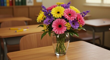 Vibrant floral bouquet in a classroom setting, perfect for adding a touch of joy, beauty, and freshness to educational spaces