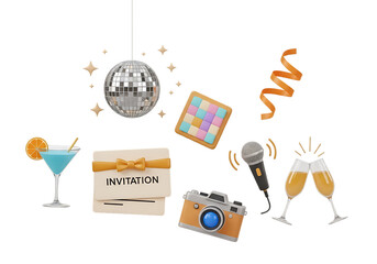 3d icon of party elements including disco ball, invitation, cocktail, camera, microphone, confetti and champagne glasses isolated on transparent background