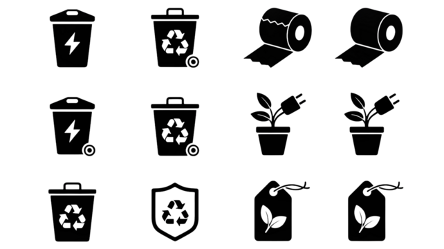 Essential bathroom supplies featuring toilet paper rolls and a modern trash can for cleanliness needs