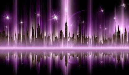 Purple-lit cityscape skyline reflected on dark water
