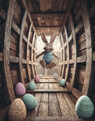 A cartoon bunny leaps through a wooden barrel, Easter eggs scattered around