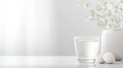 A minimalist scene featuring a glass of water next to decorative stones and a white vase with flowers, evoking tranquility and simplicity.