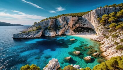 Stunning coastal landscape featu clear turquoise waters, towe white cliffs with natural arches, lush green vegetation, and bright sunny sky