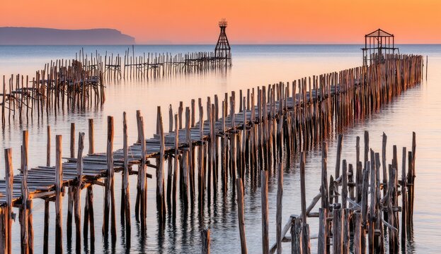 Sun-kissed, weathered wooden pier extends into tranquil ocean at sunrise