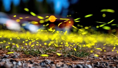Night-time fireflies flitting above ground cover