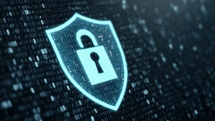 Digital security shield and lock icon glowing over binary code background, symbolizing data protection, cybersecurity, technology safety, and network protection with advanced digital encryption - Powered by Adobe