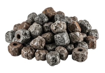 Numerous industrial metallic fragments, grey-brown, gritty, rough, textured, worn, sharp, scattered on transparent background, dramatic high-contrast studio light, raw industrial utility concept